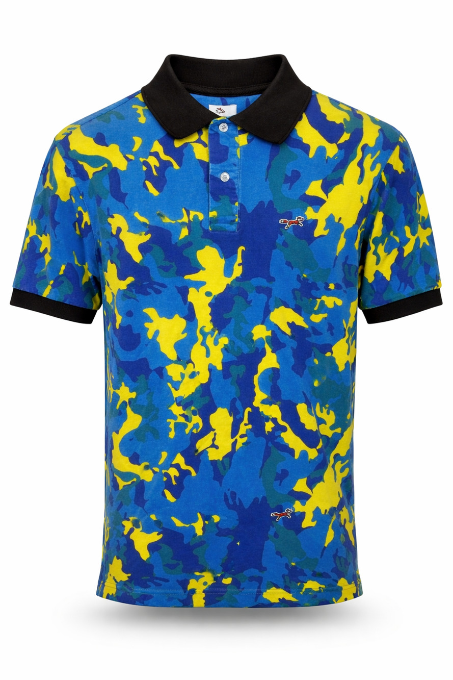 Retro Fox Camo Polo Shirt Blue Yellow Streetwear Y2K 100% Cotton Medium